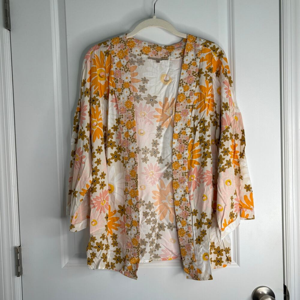My Danielle Floral Kimono Cardigan M Retro Boho 70s Duster Rayon Orange Pink